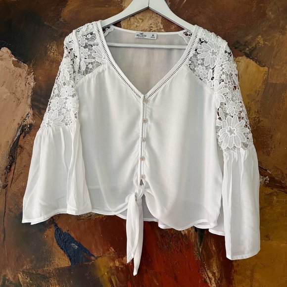 HOLLISTER Cotton Blend Inset Lace White Bohemian Top NWT - Picture 3 of 16